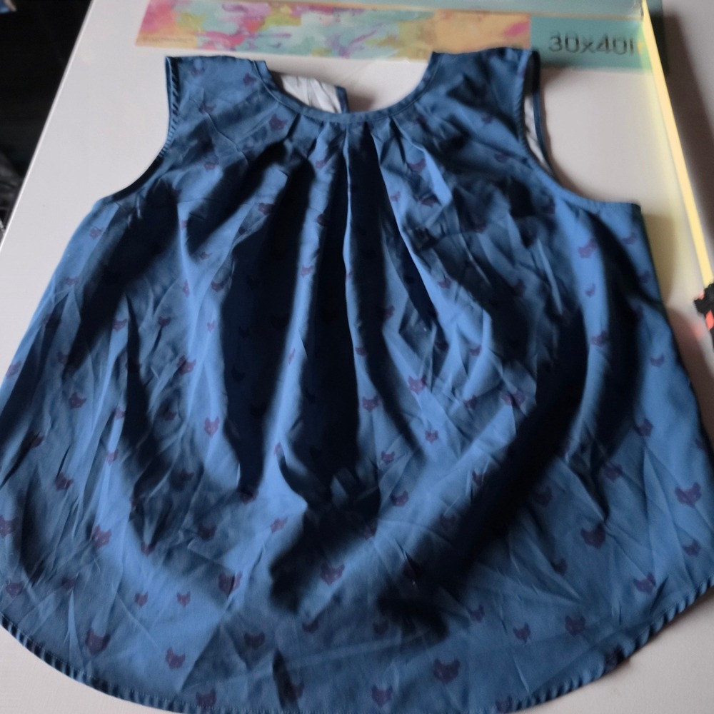 eShakti Blue Printed Sleeveless Pleated High Neck Blouse Plus Size 22W